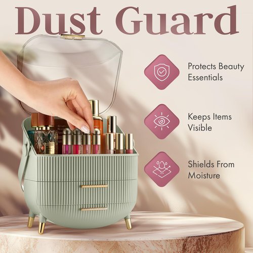 Covered Makeup Cosmetic Countertop - Large Cosmetic Organizer - Trendy Oval Shape Storage for Skin Care Organizer - Clear Lid, Storage Drawers, Carry Handle - Cute Stylish Decor Solution (Green)