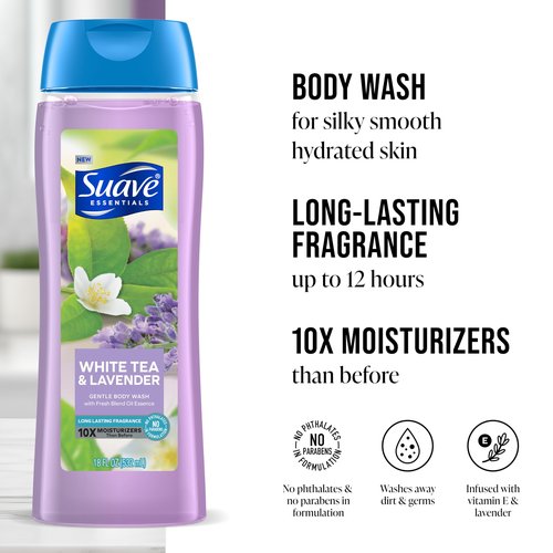 Suave Body Wash Variety 2-Pack, Ocean Breeze + White Tea & Lavender – Gentle Body Washes with Fresh Blend Oil Essence, 18 Oz Ea