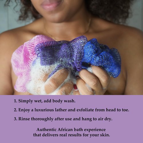 African Exfoliating Net Sponge 2 Pieces – Authentic Double-Knotted Mesh, Quick-Drying Bath Scrubber for Deep Cleansing, 45 inches Stretch Back Scrubber for Shower Women & Men (Seafoam+Lavender Pink)