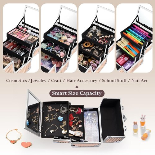 FRENESSA Makeup Case - Portable Train Case with Mirror & Lock | Rose Gold Cosmetic Organizer