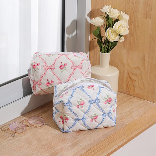 RSRSLEII Small Quilted Cotton Makeup bag, Cute Floral Cosmetic bag, Cotton Aesthetic Makeup Pouch, Large Capacity Travel Toiletry Bag for Women and Girls (02Pink bows)