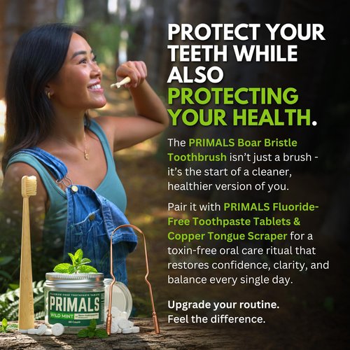 PRIMALS Boar Bristle & Bamboo Toothbrush (4-Pack) - Premium Boar Bristles - Fully Biodegradable - Plastic & Nylon Free - Quick Dry Design