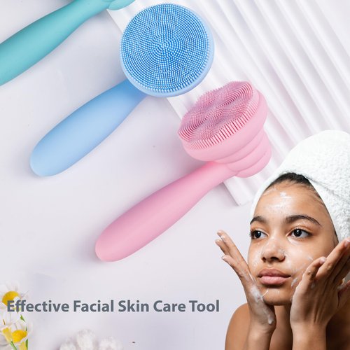 2 PC Silicone Facial Cleansing Brush Facial Scrubber Manual Exfoliating Facial Brush Face Cleanser Face Exfoliator Ultrafine Bristles for Sensitive Skin Easy to Clean Lather Well(Pink&Green)