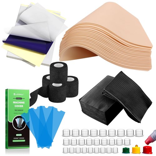 Professional Tattoo Practice Kit for Beginners: 614 Pcs Realistic Training Set with 10 Fake Skin, 50 Transfer Paper, 200 Machine Covers,4 Grip Tape,50 Dental Bibs & 300 Ink Caps