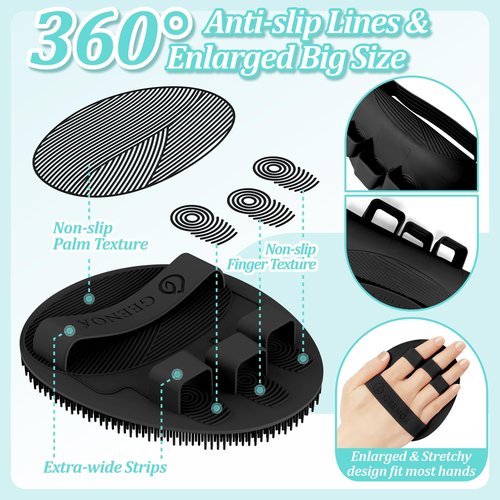 GEENOA Silicone Back Scrubber & Bath Glove Set 2PCS, 13.4'' Gentle Shower Back Scrubber with Dual-Side Head Non-Slip Handle, 360° Anti-Slip Hand-fit Bath Glove for Rich Foaming Deep Cleaning(Black)