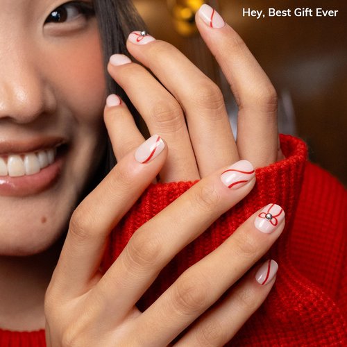 Heyhae Semi Cured Gel Nail Strips | No LED Lamp Needed | Holiday, Red, Neutral | Easy Apply & Remove, Salon Quality | Includes 28 Strips, 1 Prep Pad, Nail File & Wooden Stick