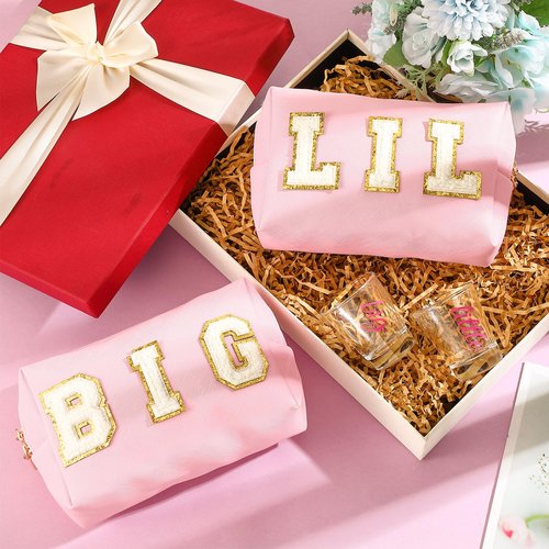 Shinylin 2 Set Big Little Sorority Gifts Includes Clear Sorority Big Little Shot Glass PU Leather Preppy Cosmetic Bag 2oz Tequila Mini Glass Cup Letter Makeup Pouch for Women Sister(Cute)