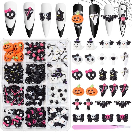 Halloween Resin Charms, 3D Vintage Punk Spider Skull Pumpkin Ghost Bat Nail Art Charms, Halloween Gothic Mini Figurines Charm for Nail Art Supplies DIY Crafts Accessories