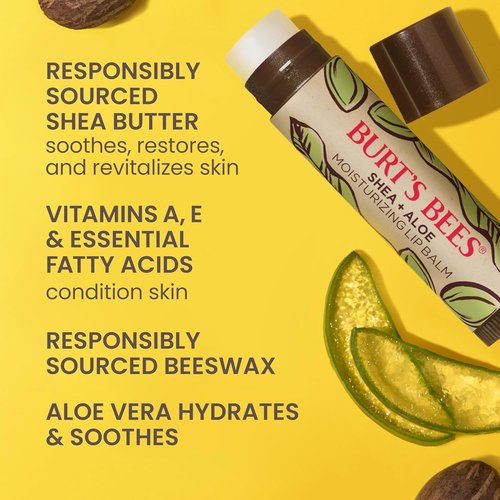 Burt's Bees Lip Balm - Shea & Aloe Moisturizer with Natural Beeswax | 4 Tubes, 0.15 oz Each