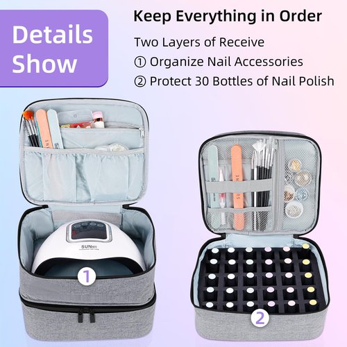 ALSLEA Nail Polish Organizer Holds 30 Bottles (15ml - 0.5 fl.oz) Double-layer Gel Nail Polish Kit Carrying Case, Nail Holder for Nail Lamp, Portable Nail Organizer and Storage for Nail Supplies (Gray)