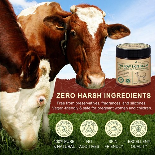 Beef Tallow Balm with Frankincense and Castor oil 4.2 fl.oz, 100% Grass-Fed Tallow for Skin Care, Face & Body Moisturizer for Skin Hydrating & Nourishing, Sensitive Skin & Dry Skin Age Defying