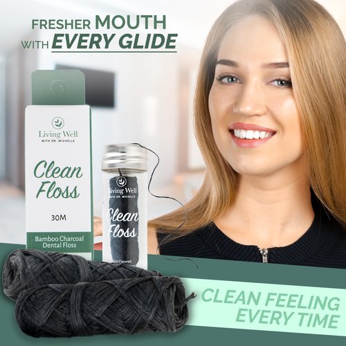 Living Well Bamboo Charcoal Dental Floss – Natural, Vegan, Biodegradable, PFAS-Free – Eco-Friendly Floss with Glass Jar – Zero Waste Oral Care