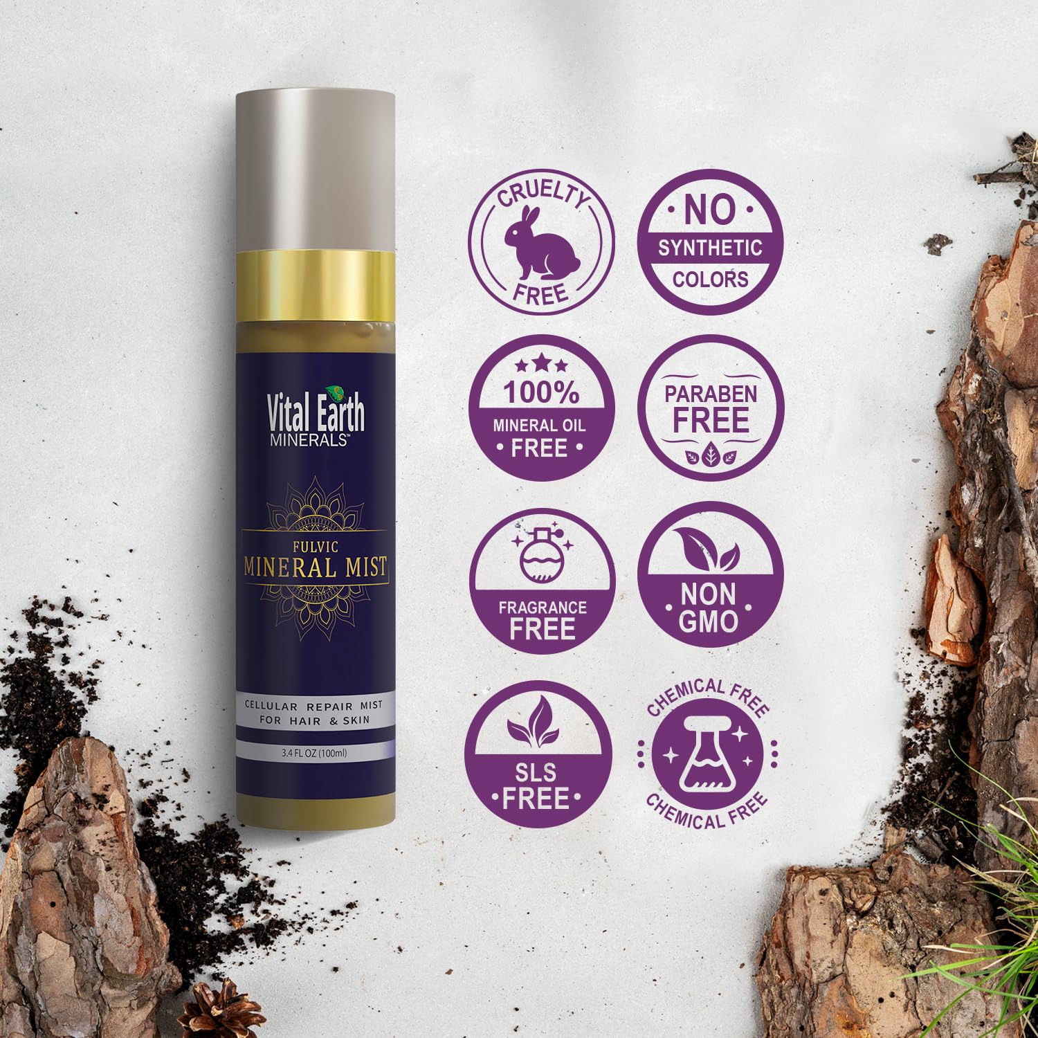 Vital Earth Fulvic Mineral Facial Mist, Travel-Friendly – Anti-Aging Face & Hair Spray for Cellular Renewal & Hydration, 3.4 Oz