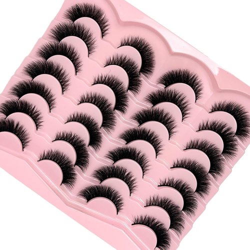 loladook Cat Eye Lashes Natural Look Short Fluffy 16mm Faux Mink Full Strip Lashes Pack 3D C Curl Volume Fox Eye False Eyelashes 14 Pairs