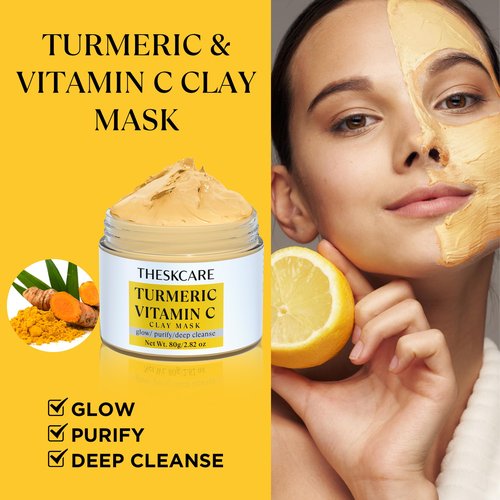 THESKCARE 3 PCS Clay Mask Set, Turmeric Vitamin C Clay Mask, Dead Sea Mud Mask, Green Tea Mask, Facial Mask for Oil Control, Deep Cleaning, and Radiant Skin, 240g, 2.82 OZ each