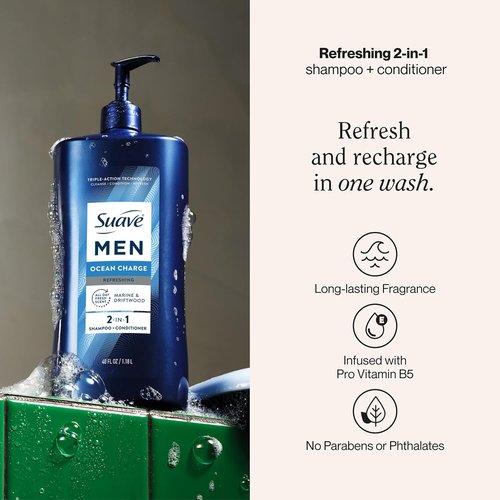 Suave Men Ocean Charge 2-in-1 Shampoo & Conditioner - Hydrating Pro Vitamin B5 Formula, Ocean Fresh Scent, 40 FL OZ Pump