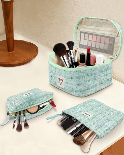 Carttiya Makeup Bag, Large Cosmetic Bag, Big Floral Make Up Bag for Women Girls (Blue)