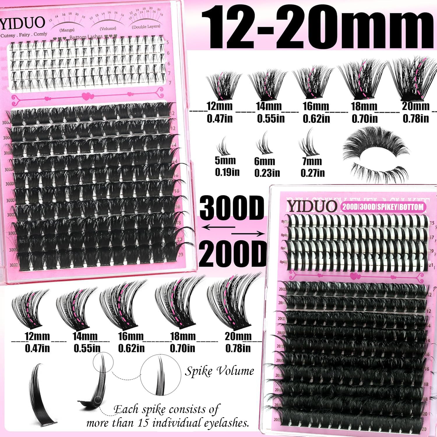 YIDUO Lash Clusters Kit 200D+300D+Spikes+Bottom Cluster Lashes Extensions Kit with Lash Bond and Seal |Tweezers |Removers |Eyebrow Brush (200D+300D-10-18MIX Thick Kit)