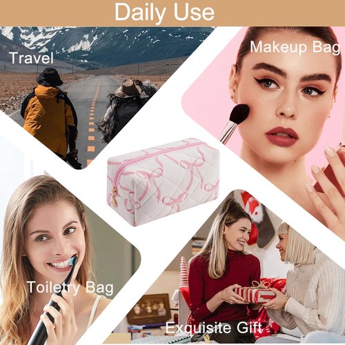 HHQQWZ Quilted Cotton Makeup Bag Travel Cosmetic Bag for Women Girls, Zipper Make Up Pouch, Bow Pattern Toiletry Organizer Makeup, Portable Storage Bag (Pink/Whtie Bowknot)