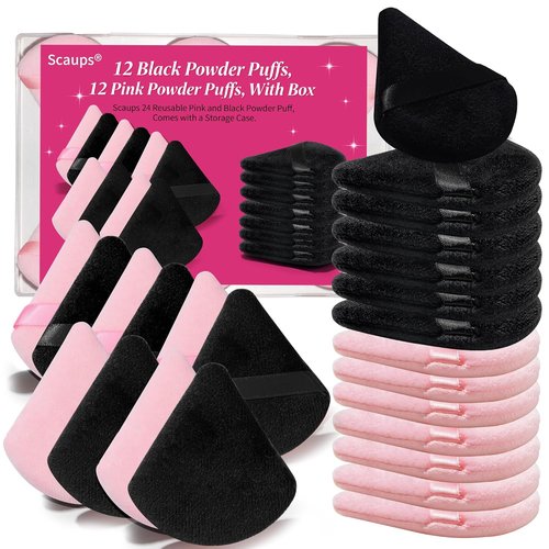 Skiennix 24Pcs Powder Puffs - Triangle Makeup Applicators for Flawless Foundation | Black & Pink