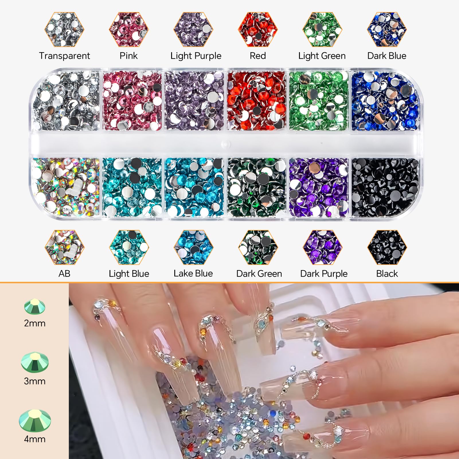 WATRZ 3 Boxes 5500 PCS Nail Art Rhinestones Multi-Color 3D Flowers Flatback Nail Gems Caviar Beads Metal Nail Chains White AB Half Round Pearl Nail Charms Art Nail Accessories for DIY Nail Decor