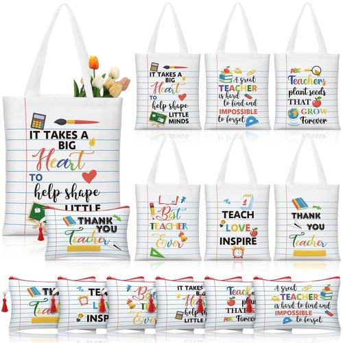 Paterr 12 Pcs Teacher Appreciation Gift Basket Filler Canvas Teacher Tote Bag Makeup Bag for Graduation School Classroom Gift(Notebook)