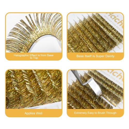 HAICHER Colored Lash Extensions CC Curl 9-18mm Mixed Lash Trays, Holographic Lash Tinsel for Eyelash Extension (Gold, Volume)
