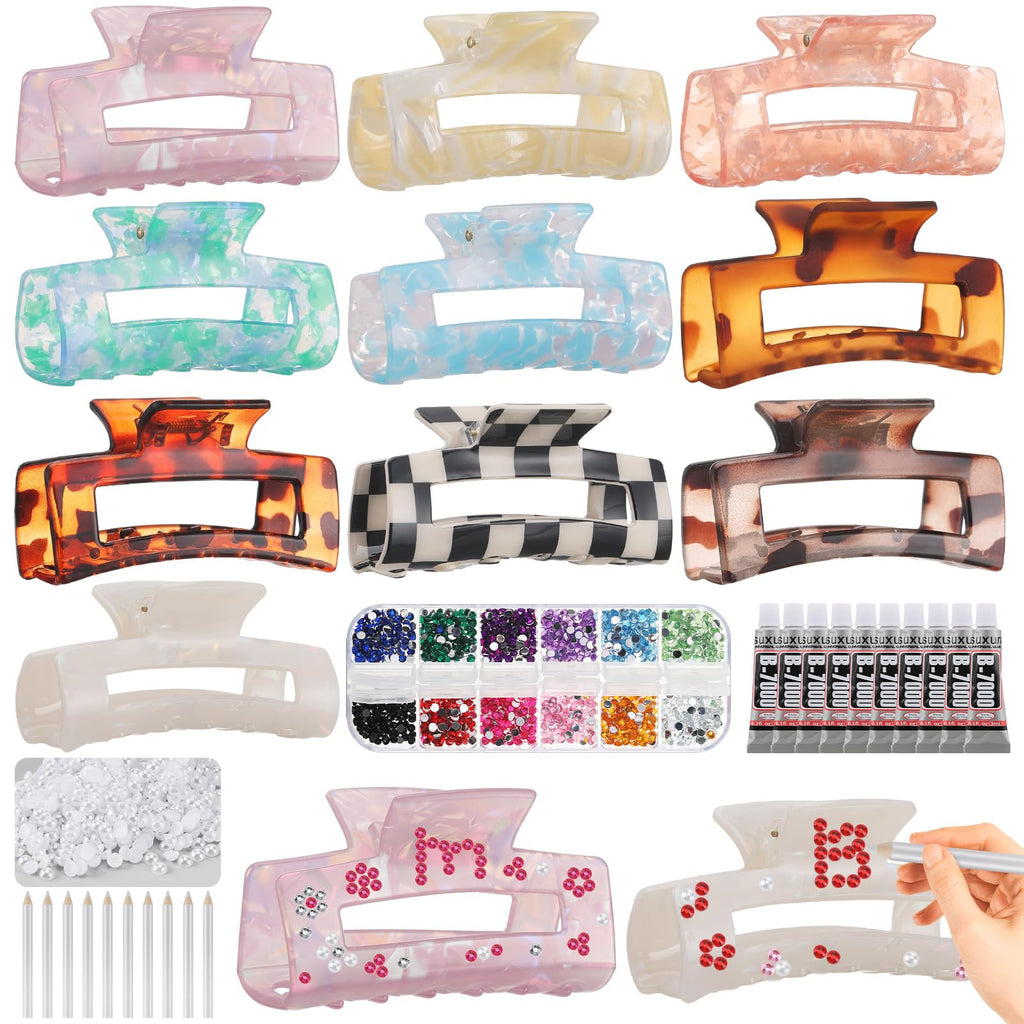 Yuxung 10 Sets DIY Hair Claw Clips Kit Acrylic Claw Clip with Resin Rhinestones Pearls Little Jewelry Decor for Girl's Night Sleepovers Party Supplies Aesthetic Hairpin for Women Adult Craft DIY