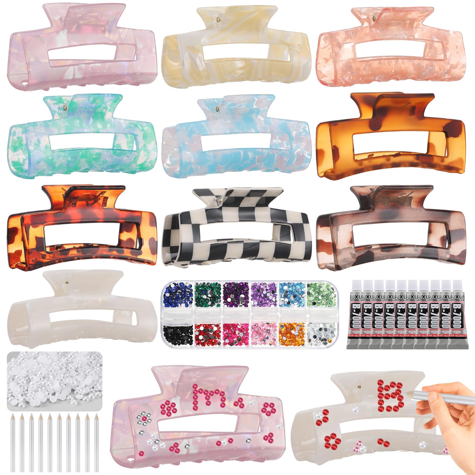 Yuxung 10 Sets DIY Hair Claw Clips Kit Acrylic Claw Clip with Resin Rhinestones Pearls Little Jewelry Decor for Girl's Night Sleepovers Party Supplies Aesthetic Hairpin for Women Adult Craft DIY