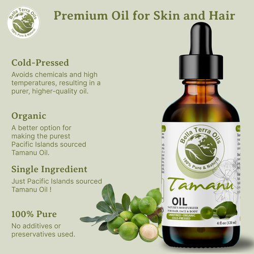 Bella Terra Oils - Organic Tamanu Oil 8 oz - Treasure Chest of Skin Nourishment, High in Vitamin E & Fatty Acids, Enhance Your Skin's Natural Glow