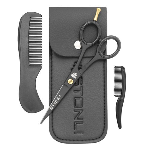 Professional 5’’Beard & Mustache Grooming Kit for Men – Precision Beard Scissors, Mustache Scissors, Moustache Comb, Beard Trimming Scissors, Mustache Care Set with Leather Case (Black)