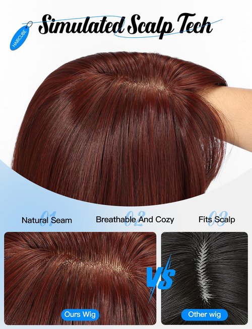 HAIRCUBE Layered Red Brown Medium Long Straight Synthetic Wigs for Women with Bangs Heat Resistant Natural Look for Daily Use