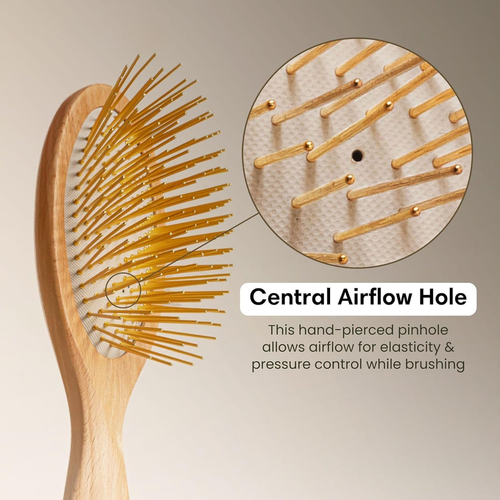 Snow Fox Skincare Gua Sha Hair Brush - Wooden Edition | Scalp Massage Comb with Gold-Plated Bristles for Healthy Follicles