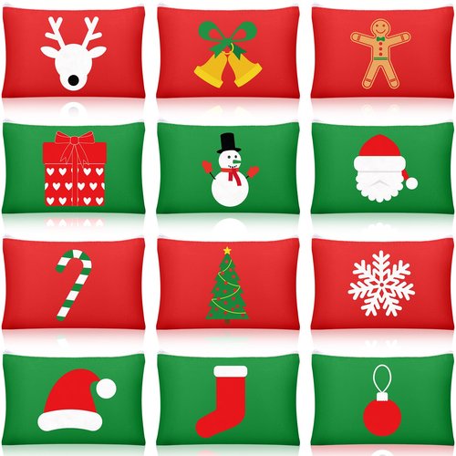 SilTriangle 12 Pcs Christmas Makeup Bags Christmas Canvas Cosmetic Bags Bulk 9 x 6 Inches Pencil Pouch with Zipper Travel Toiletry Pouch for Women Winter Holiday Xmas Party Favor Gift (Classic Style)