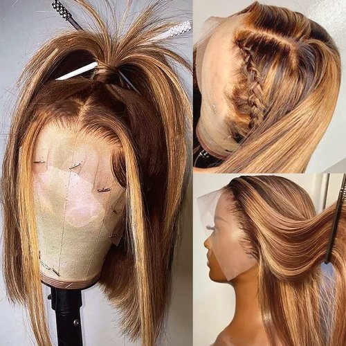 CLong Highlight Ombre Lace Front Wig Human Hair, 10 inch 13x4 Lace Wig Transparent 4/27 Short Bob Wigs For Black Women Human Hair 150% Density (4/27 Bob Wig,10inch)