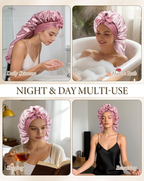 AWAYTR Long Satin Bonnet for Sleeping - Double Layer Reversible Silk Bonnet for Long Hair Women Sleeping Cap with Tie Band (Rose Gold+Pink)