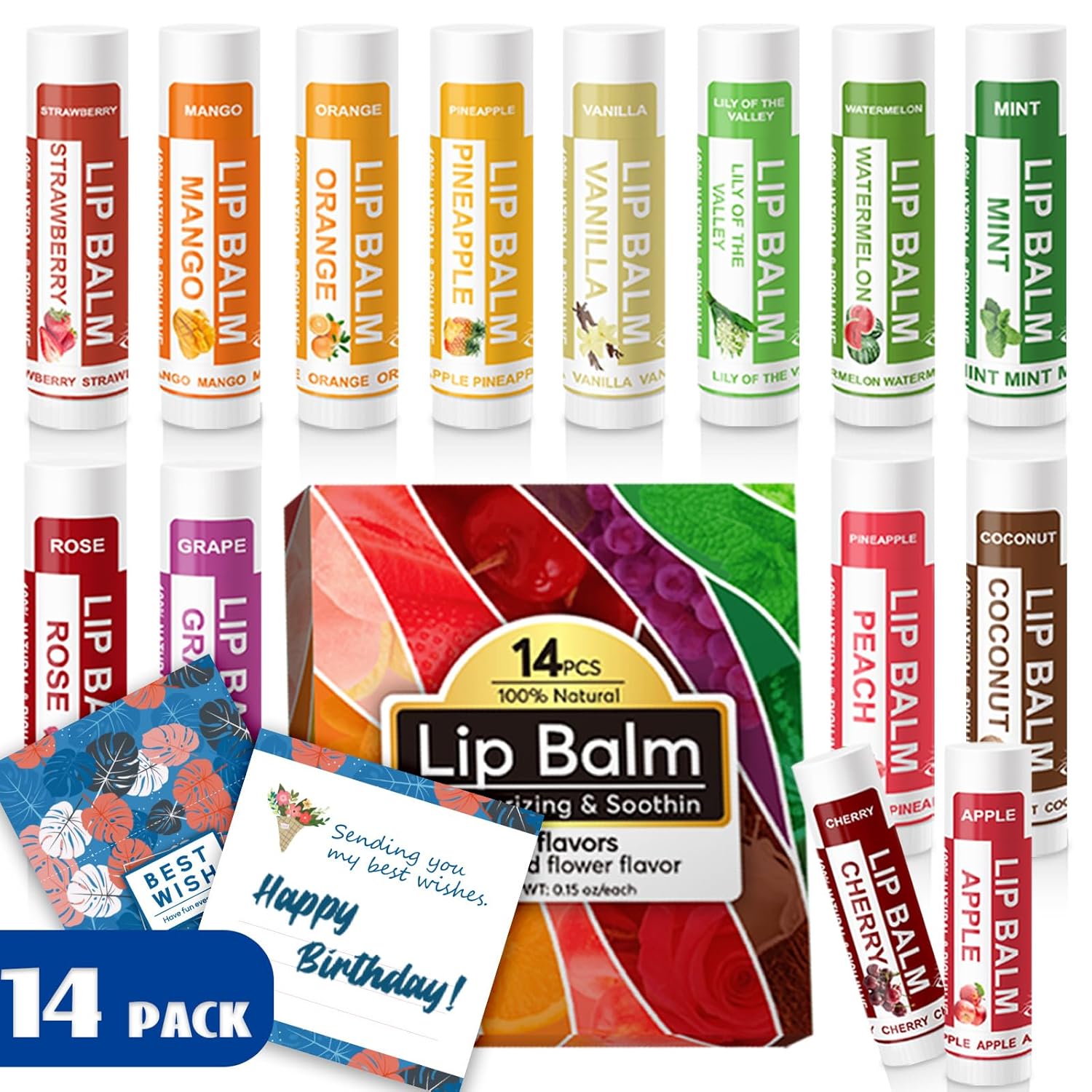 Yopela Natural Lip Balm 14 Pack | Moisturizing & Soothing with Vitamin E & Coconut Oil - 14 Flavors
