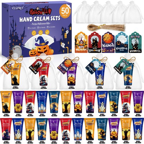 VESPRO 50 Sets Halloween Hand Cream Gift for Women, Hand Lotion for Halloween Party Favors with Halloween Cards and Organza Bags, Halloween Decorations and Bulk Halloween Gifts for Women