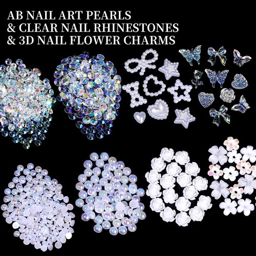 FAMDAMEI 24 Grid Flat Back Pearls and Rhinestones for Dazzling Kit, Clear White Pink Pearls Flatback Resin Jelly Rhinestones,Flower 3D Nail Charms and Gems for Crafting Rhinestone for Crafts