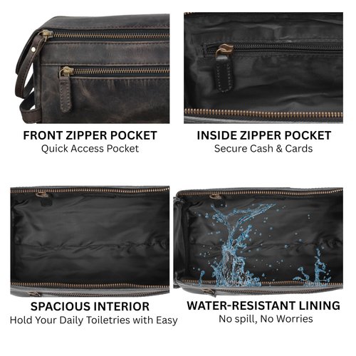 Full Grain Leather Toiletry Bag for Men & Women – Water-Resistant Travel Shaving Kit Organizer with YKK Zipper, Spacious Bathroom Grooming & Cosmetic Storage Case - Chalkboard Grey