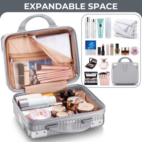 Noverlife 14 Inch Hard Shell Cosmetic Case, Small Hard Case Makeup Travel Case with Elastic Band ABS Carrying Suitcase, Mini Carrying Makeup Suitcase Small Travel Hand Luggage Organizer - Silver