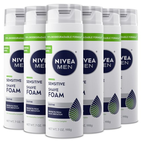 NIVEA MEN Sensitive Shave Foam with Vitamin E, Soothing Chamomile and Witch Hazel Extracts, 6 Pack of 7 Oz Cans