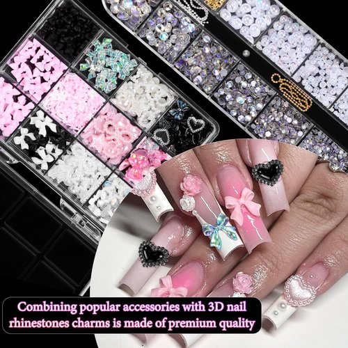 3D Assorted Nail Charms Gems, Bow Bowknot Butterfly Flower Acrylic Nail Art Charms, Half Round Nail Pearl and Rhinetones Charms for DIY Nail Art Accessories
