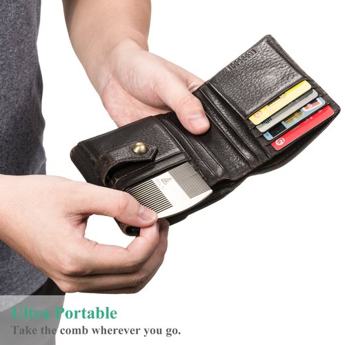 AhfuLife Metal Hair&Beard Comb - EDC Credit Card Size Comb Perfect for Wallet and Pocket - Anti-Static Dual Action Beard Combs - Presented in Gift Box (Stainless Steel Combs)
