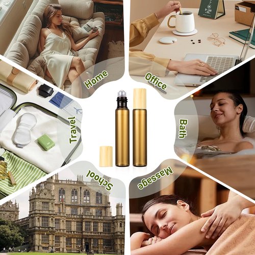 Newzoll 10mL(1/3 Oz) Amber Glass Roll On Bottles, 8 Pack Leak Proof Refillable Roller Bottles for Essential Oils, Perfume, DIY Craft, Samples, Eye Roller, Travel Portable