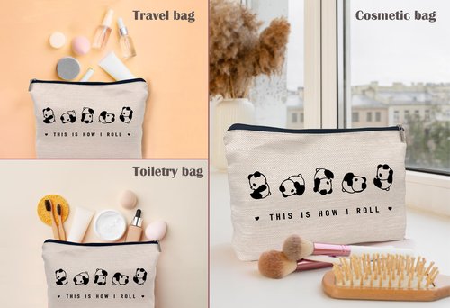 Lacosu This is How I Roll Makeup Bag, Wild Animal Cute Rolling Panda Cosmetic Makeup Bag for Panda Lover Women, Black, 7.5 x 10 Inches, Makeup, Travel, Toiletry