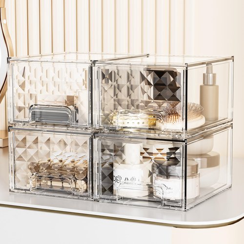 Delamu 4 Pack Stackable Storage Drawers, Makeup Skincare Holder Vanity Storage Organizer, Plastic Drawers For Vanity Desk, Undersink, Kitchen Cabinet, Pantry, Clear, Ideal Christmas Gifts for Girls