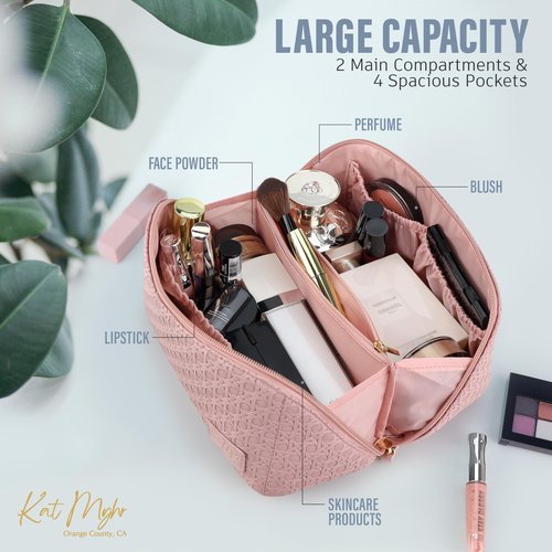 Kat Myhr Large Capacity Travel Cosmetic Bag With Handle and Divider - Waterproof Makeup Organizer for Women - Cute Pink Make Up Bag