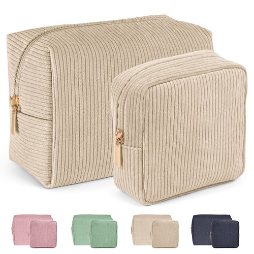 MAGEFY Makeup Bag 2 Pcs Corduroy Cosmetic Bag Small Makeup Bags for Women Travel Pouch with Slip-in Pockets（Beige）