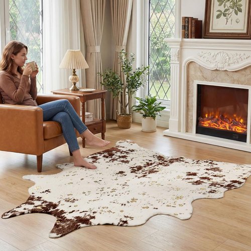 JONIYEAR Faux Cowhide Area Rug - Large 4.9 x 6.56 Feet | Premium Brown & Gold Print for Living Room & Bedroom Decor